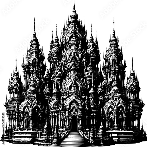 Sacred Sanctuary: A majestic temple stands in striking silhouette, its intricate architecture a testament to the artistry of a bygone era.