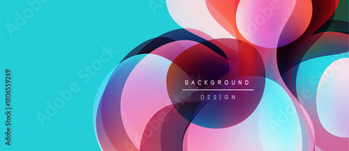 Abstract vibrant shapes overlap. Turquoise background complements pinks, blues, purples. Modern design element for digital projects.