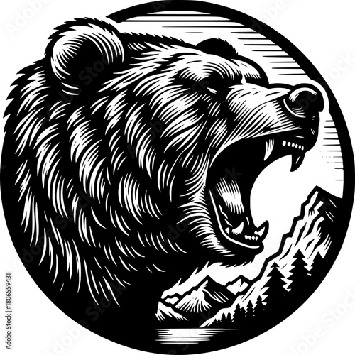 Roaring Bear Emblem: A meticulously crafted emblem showcases the raw power and untamed spirit of a fierce grizzly bear, its menacing roar echoing through a rugged mountain landscape.