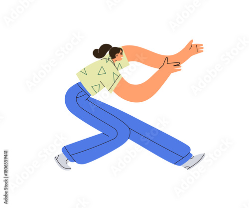 Happy active girl with long arms reaching out, side view. Funny young woman w...