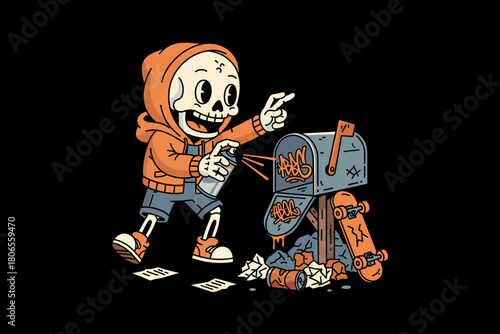 Skeleton character spray painting a mailbox with graffiti art.