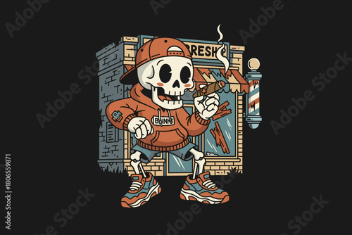 Skeleton character wearing hoodie and cap smoking cigar.