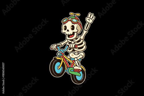 Skeleton Riding Bicycle Waving Hello.