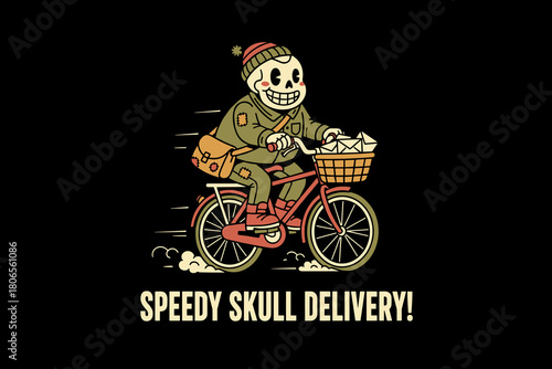 Skeleton character riding a bicycle with a basket full of items.