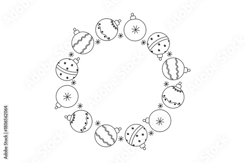 Vector wreath of Christmas tree balls and snowflakes. Black and white contour pattern for Christmas greetings, winter holidays, cards and gift wrapping.