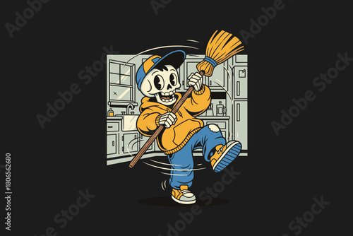 Cartoon Skeleton Character Dancing with a Broom.
