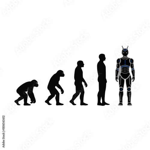 Evolution to Robot Concept: From Ape to Human to Futuristic Android, Exploring AI Transformation and Technological Progress with Sleek Design