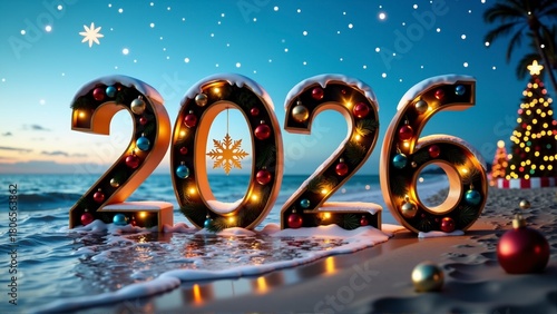 Festive 2026 snow-covered numbers with Christmas balls and tree on tropical beach at sunset