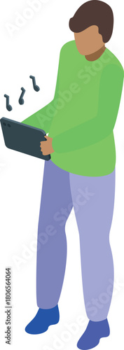 Young boy enjoying music on his tablet, a modern isometric illustration of digital entertainment