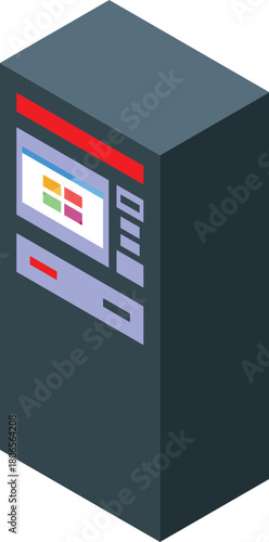 Isometric atm cash machine displaying financial information on its screen, providing secure transactions