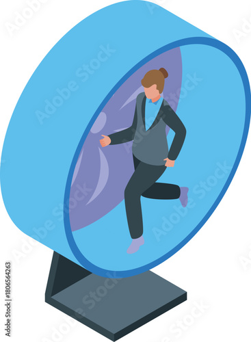 Businesswoman running inside hamster wheel, depicting repetitive and unproductive work, symbolizing corporate rat race and routine