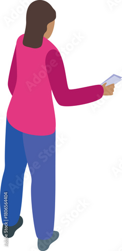 Woman is holding a smartphone in her hand, viewed from the back in an isometric projection