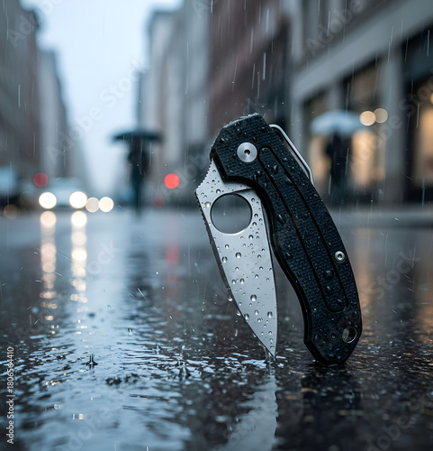 Image generated neural network folding knife beautiful rare design cutting edge black handle rain city scape