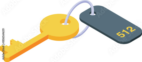 Golden key with key ring and room number tag hanging isometric icon isolated on white background