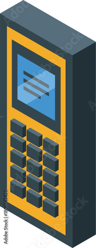 Isometric view of a portable data collector featuring a numeric keypad and a display showing information, ideal for data entry and field operations