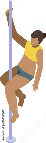 Woman practicing pole dance, showing strength and flexibility in a fitness studio