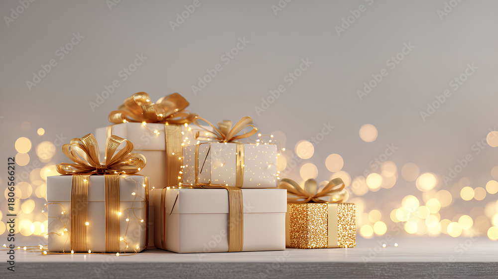 Naklejka premium ゴールドのプレゼントとあたたかなライトのクリスマスイメージ