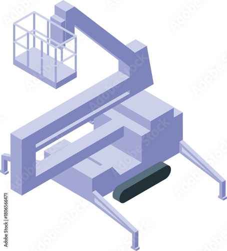 Isometric view of a lifting platform extending its arm, ready for operation, featuring an empty basket