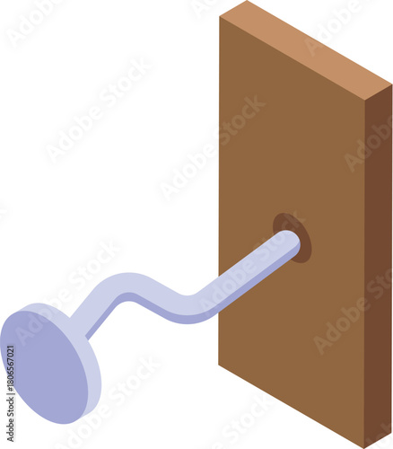 Bent metal nail hammered into wooden board creating a hook, visualized in 3d isometric projection