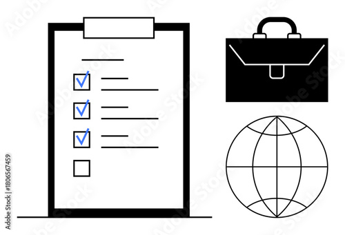 Clipboard with completed checklist, briefcase, and globe icon. Ideal for planning, organization, business strategy, global operations, productivity achievement decision-making. Simple flat metaphor