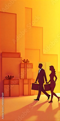 Man and woman walk past giant gift boxes in vibrant orange, holding briefcases under warm sunlight.