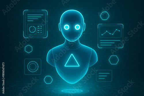 Futuristic Holographic AI Assistant with Digital Data Interface