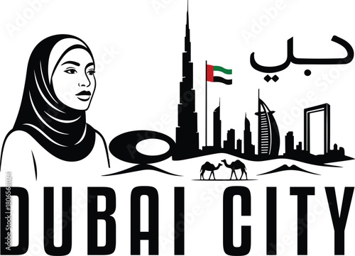 A graphic illustration representing dubai city with a woman in traditional dress