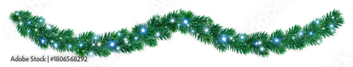 Christmas tree garland with blue and white glowing lights on lush fir branches. Elegant festive border for banners, cards, and Christmas designs.