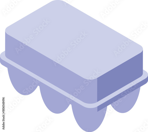 Isometric view of a closed light purple egg carton, designed to hold six fresh eggs safely
