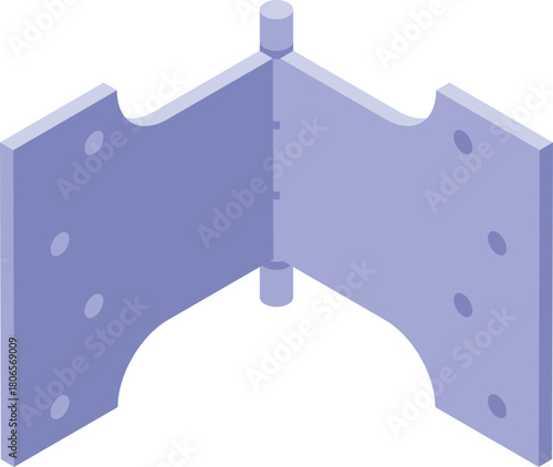 Robust metal hinge joining two plates, presented in an isometric view, ideal for construction and diy projects