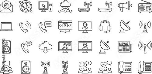 Essential communication and technology line icons collection.