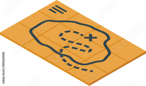 Isometric treasure map showing the route to a treasure island, with a cross marking the spot