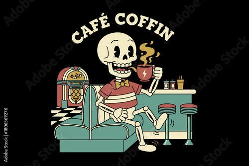 Skeleton enjoying a hot beverage at a retro diner.