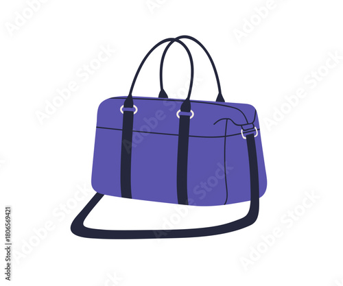 Duffel bag for travel and sport. Hand luggage, baggage with handles and shoulder strap. Soft storage and trip accessory for carrying essentials. Flat vector illustration isolated on white background