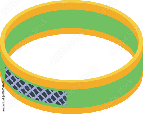 Green fitness tracker displaying grid icon, indicating active monitoring of health and activity levels