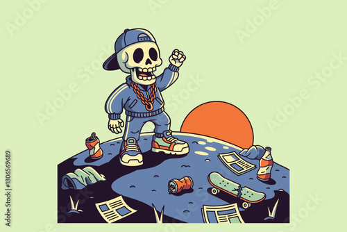 Skeleton character wearing a cap and tracksuit with a skateboard