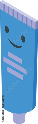 Blue tube of toothpaste with a smiling face, promoting good oral hygiene habits