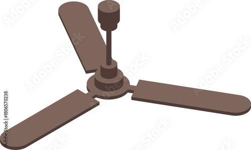 Isometric brown ceiling fan rotating, providing cooling and air circulation in home interior