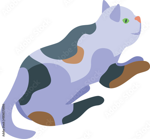 Playful cat with distinctive markings jumps, showcasing its energetic and charming personality in this colorful illustration