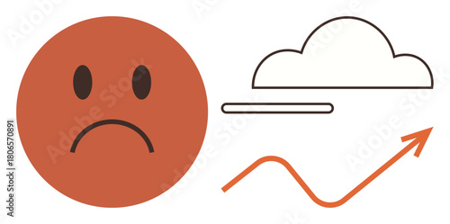 Sad face expressing emotions, a cloud for uncertainty, and a rising arrow for progress. Ideal for growth, change, emotion, psychology, success resilience motivation. A simple flat metaphor