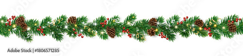 Seamless Christmas garland with pine cones, holly berries, ribbons, and glowing lights. Realistic evergreen border for design. Transparent background in vector file.