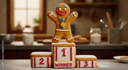 Gingerbread cookie standing on podium with winner medal in kitchen  