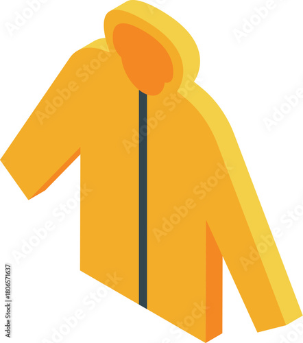 Waterproof yellow raincoat with hood providing protection from rain and bad weather conditions, visualized in isometric projection