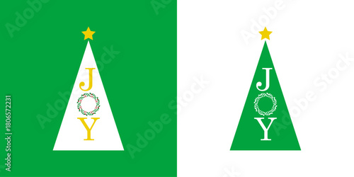 Logo con árbol de navidad con forma de triángulo sencillo con estrella y palabra JOY con corona navideña circular de ramitas, hojas y bayas de acebo