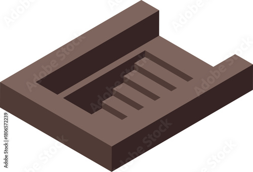 Isometric view of a brown concrete staircase descending into a dark area, creating a sense of mystery and intrigue