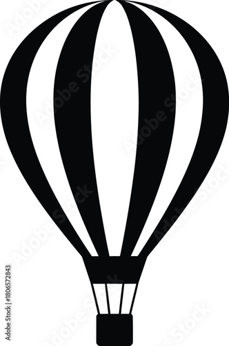 A simple black and white illustration of a classic hot air balloon design