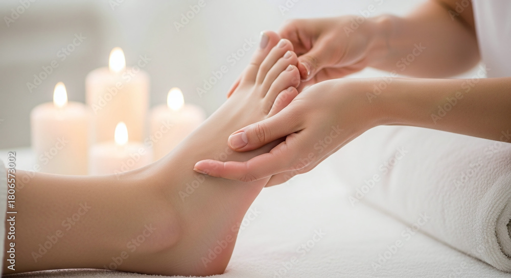 Naklejka premium Close up of a foot massage with candles in the background