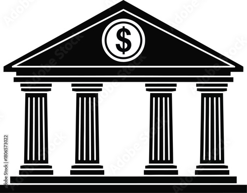 A simple black and white illustration of a bank building with a dollar sign