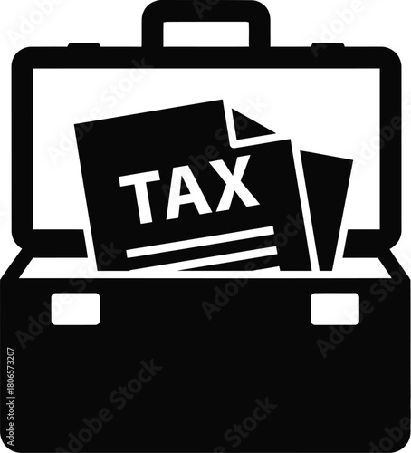 Black briefcase with tax documents inside a simple monochrome illustration