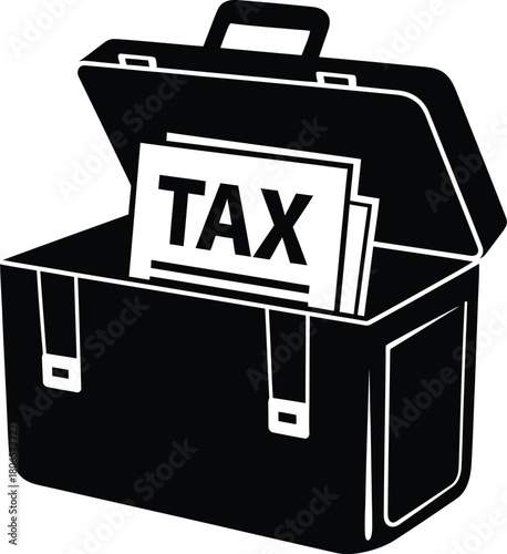 An open black briefcase with a tax document inside simple illustration